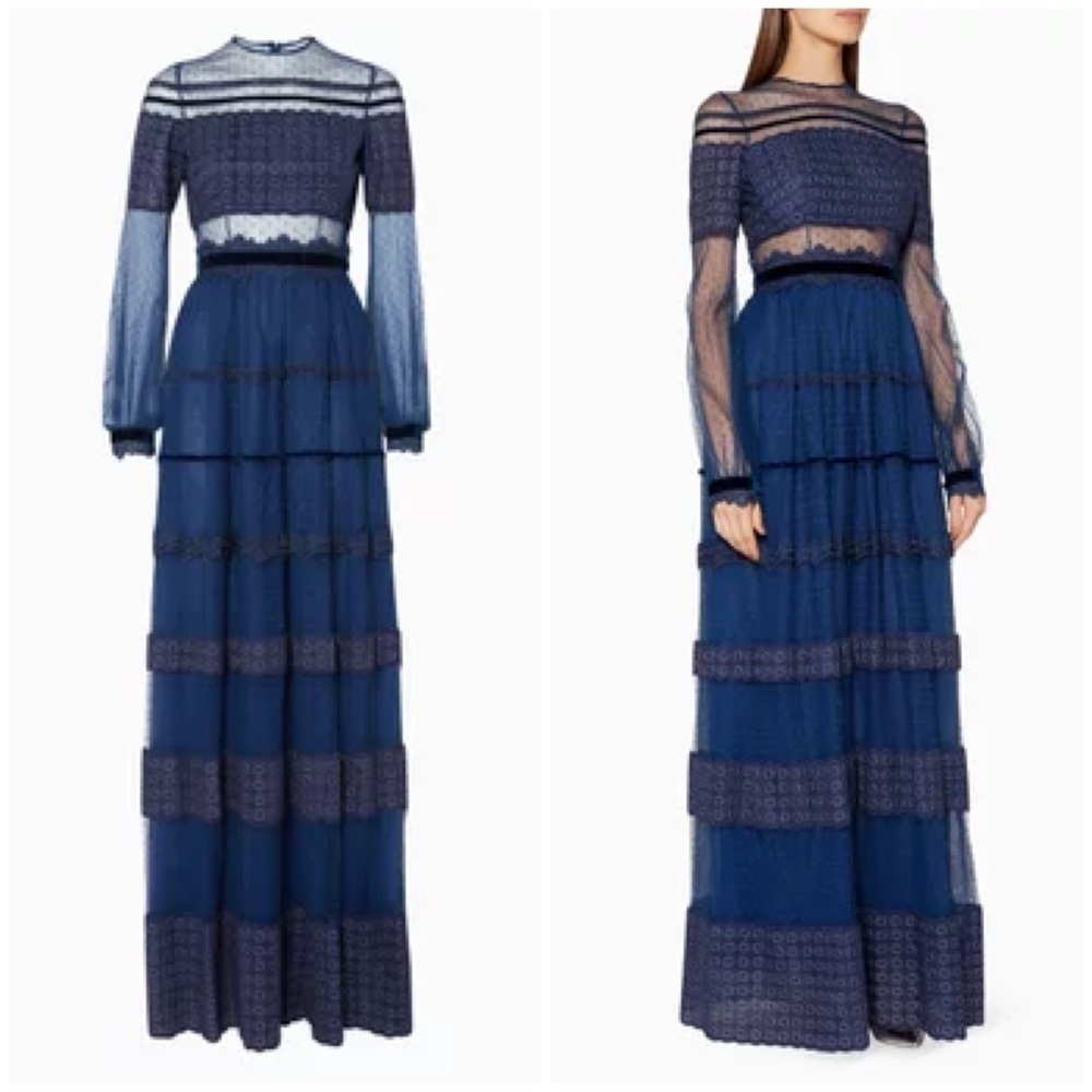 NWT Costarellos Blue Lace Panelled Maxi Dress Prairie Dot Tulle Sz 34 - Picture 2 of 15